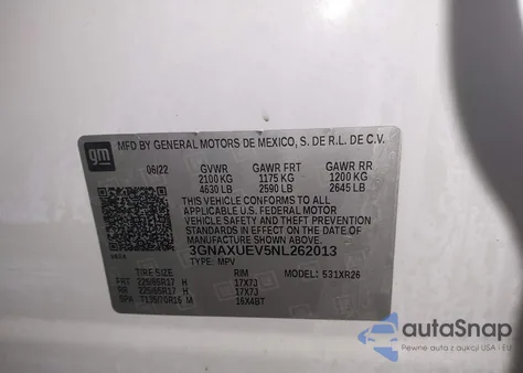 2022 Chevrolet Equinox Awd Lt z USA, uszkodzony, nr VIN 3GNAXUEV5NL262013